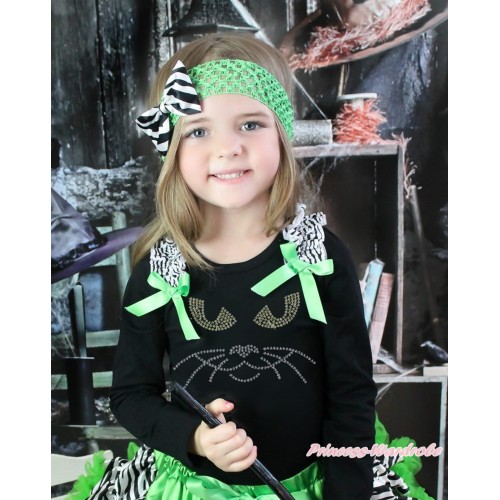Halloween Black Long Sleeves Top Zebra Ruffles Dark Green Bow & Sparkle Rhinestone Black Cat Face Print TO386
